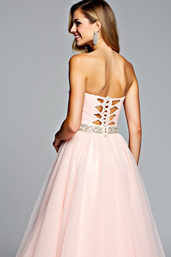 Light Pink A Line Strapless Ruched Long Prom Dress with Beading