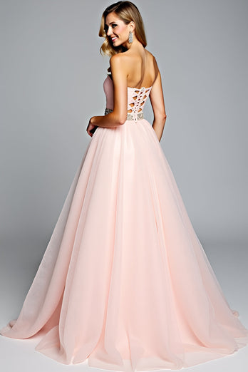 Light Pink A Line Strapless Ruched Long Prom Dress with Beading