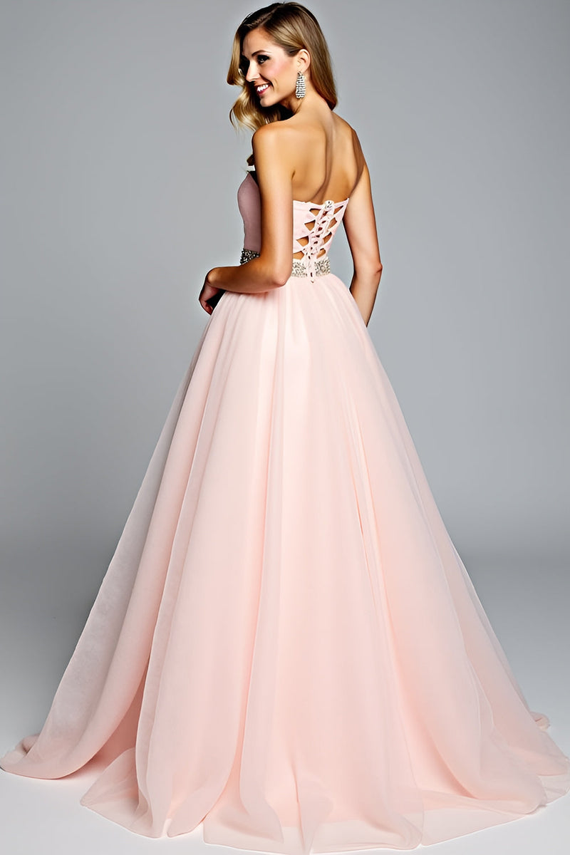 Load image into Gallery viewer, Light Pink A Line Strapless Ruched Long Prom Dress with Beading