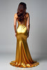 Load image into Gallery viewer, Golden Halter V-Neck Long Satin Prom Dress with Slit