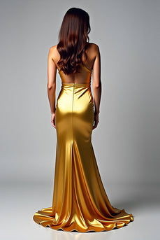 Golden Halter V-Neck Long Satin Prom Dress with Slit