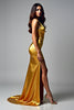 Load image into Gallery viewer, Golden Halter V-Neck Long Satin Prom Dress with Slit