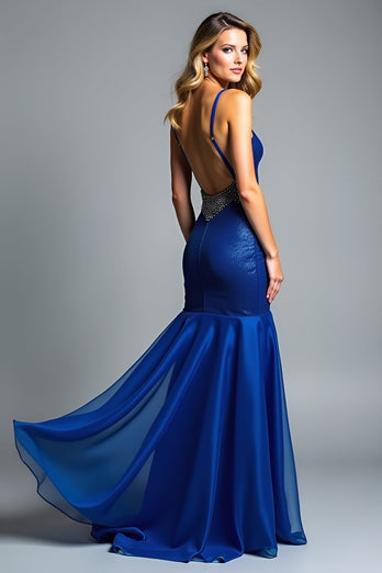 Royal Blue Glitter Mermaid Spaghetti Straps Long Prom Dress