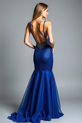 Royal Blue Glitter Mermaid Spaghetti Straps Long Prom Dress