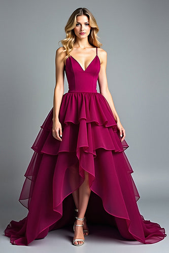 Burgundy A Line Tiered Asymmetrical Chiffon Formal Dress