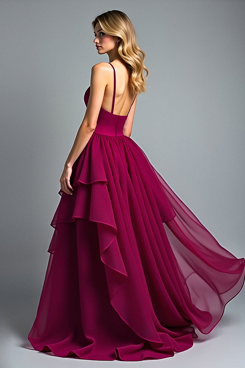 Load image into Gallery viewer, Burgundy A Line Tiered Asymmetrical Chiffon Formal Dress