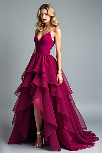 Burgundy A Line Tiered Asymmetrical Chiffon Formal Dress