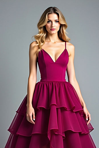 Burgundy A Line Tiered Asymmetrical Chiffon Formal Dress