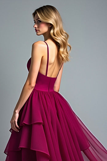 Burgundy A Line Tiered Asymmetrical Chiffon Formal Dress