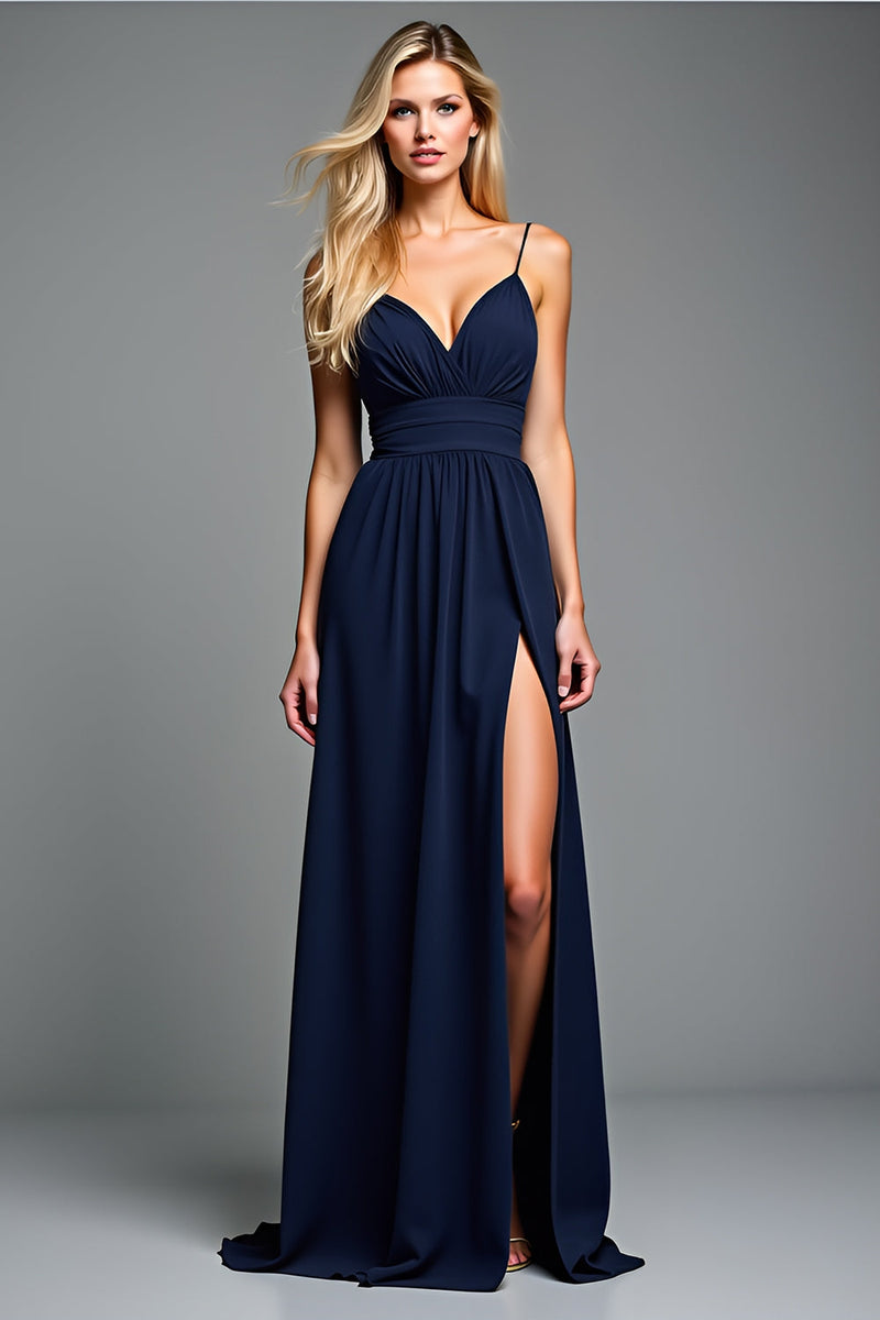 Load image into Gallery viewer, Navy Backless Spaghetti Straps Long Prom Dress