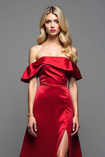 Burgundy Satin Off the Shoulder Long Prom Dress with Slit