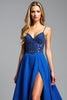 Load image into Gallery viewer, Royal Blue A Line Satin Long Beaded Prom Dress with Slit