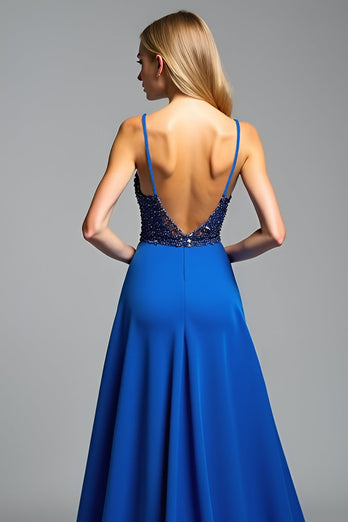 Royal Blue A Line Satin Long Beaded Prom Dress with Slit