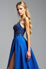 Load image into Gallery viewer, Royal Blue A Line Satin Long Beaded Prom Dress with Slit