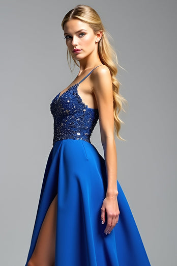 Royal Blue A Line Satin Long Beaded Prom Dress with Slit