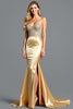 Load image into Gallery viewer, Golden Strapless Backless Long Beaded Prom Dress with Slit