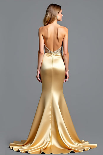 Golden Strapless Backless Long Beaded Prom Dress with Slit