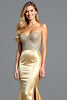 Load image into Gallery viewer, Golden Strapless Backless Long Beaded Prom Dress with Slit