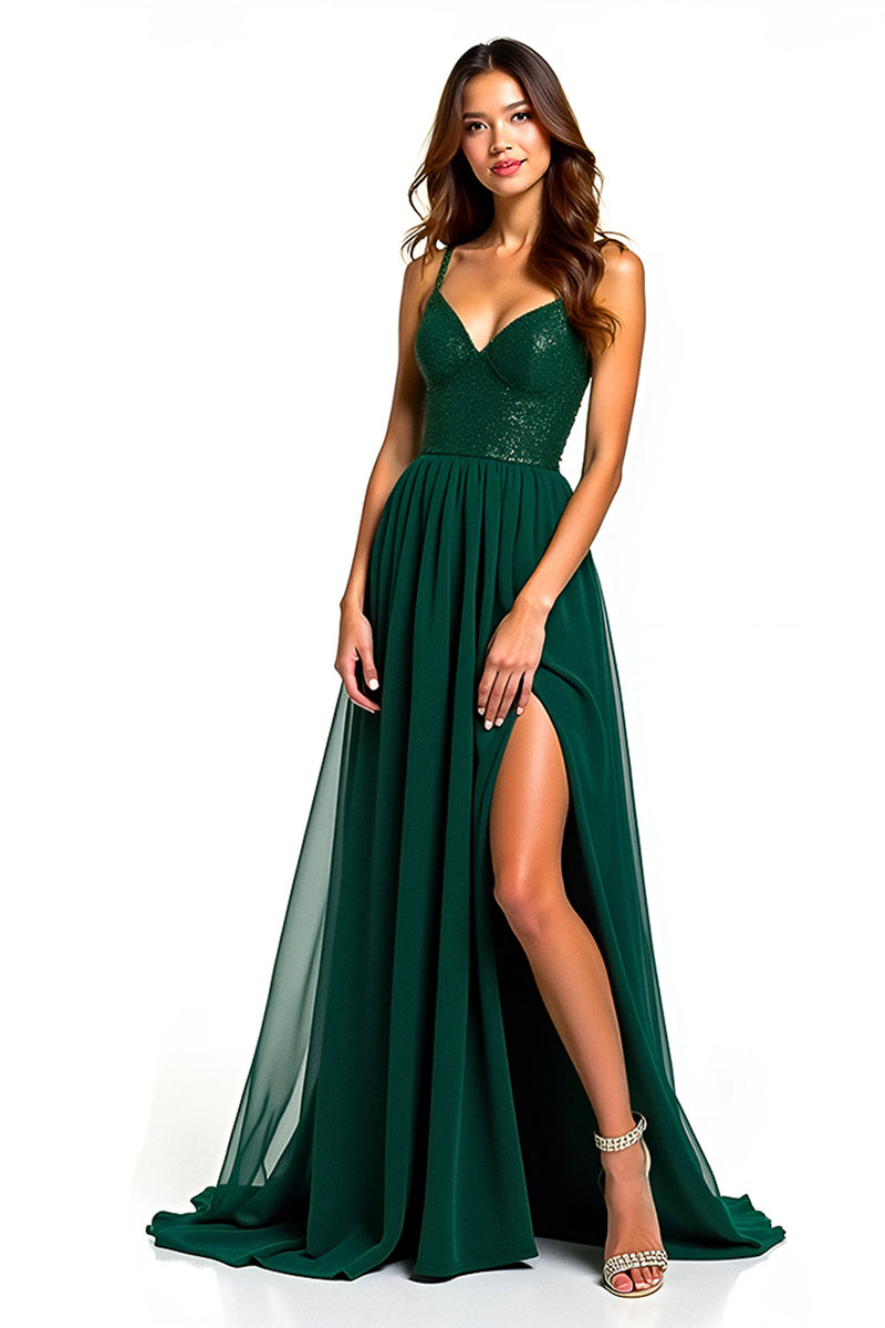 Load image into Gallery viewer, Dark Green Tulle Long Beaded Formal Dress with Slit