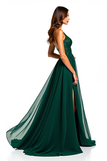 Dark Green Tulle Long Beaded Formal Dress with Slit