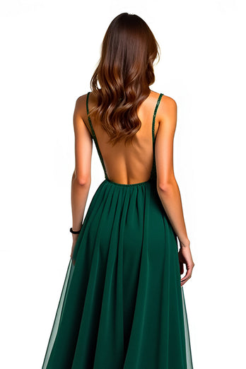 Dark Green Tulle Long Beaded Formal Dress with Slit