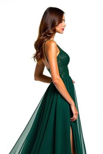 Dark Green Tulle Long Beaded Formal Dress with Slit