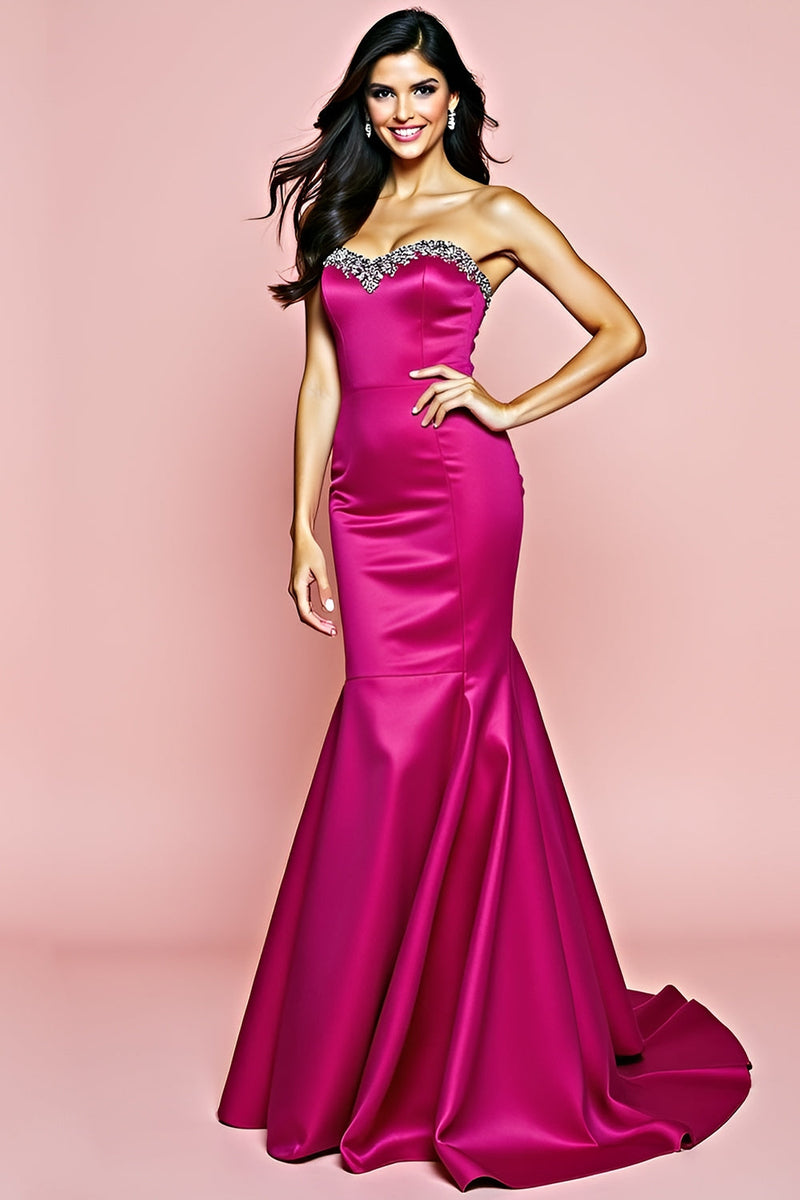 Load image into Gallery viewer, Fuchsia Satin Strapless Long Beaded Prom Dress