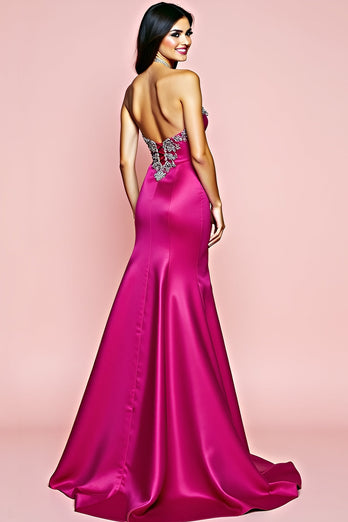 Fuchsia Satin Strapless Long Beaded Prom Dress