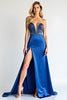 Load image into Gallery viewer, Royal Blue Strapless Satin Beaded Long Prom Dress with Slit