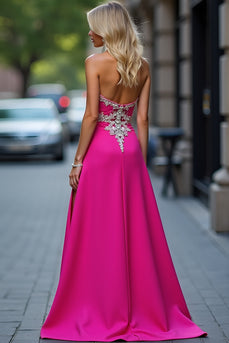 Fuchsia Sheath Appliqued Long Prom Dress with Slit