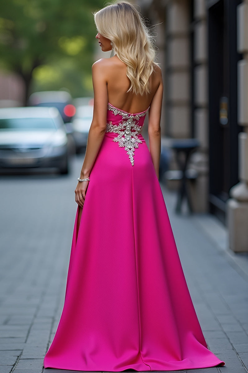 Load image into Gallery viewer, Fuchsia Sheath Appliqued Long Prom Dress with Slit