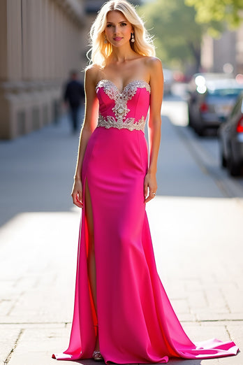 Fuchsia Sheath Appliqued Long Prom Dress with Slit