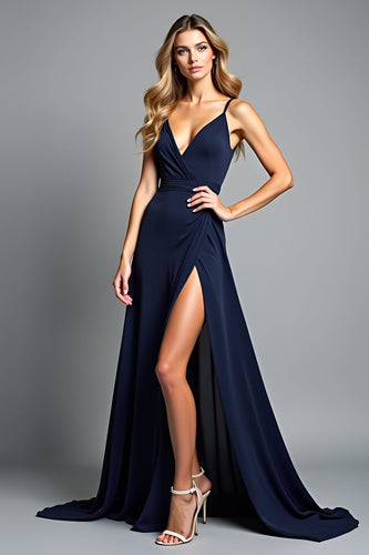 Navy Backless V-Neck Long Prom Dress with Slit