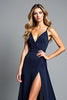 Load image into Gallery viewer, Navy Backless V-Neck Long Prom Dress with Slit