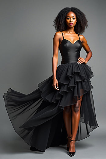 Black Tulle Tiered Asymetrical Long Prom Dress