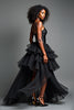 Load image into Gallery viewer, Black Tulle Tiered Asymetrical Long Prom Dress