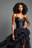 Load image into Gallery viewer, Black Tulle Tiered Asymetrical Long Prom Dress