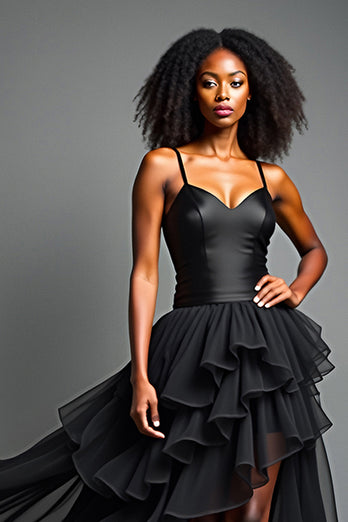 Black Tulle Tiered Asymetrical Long Prom Dress