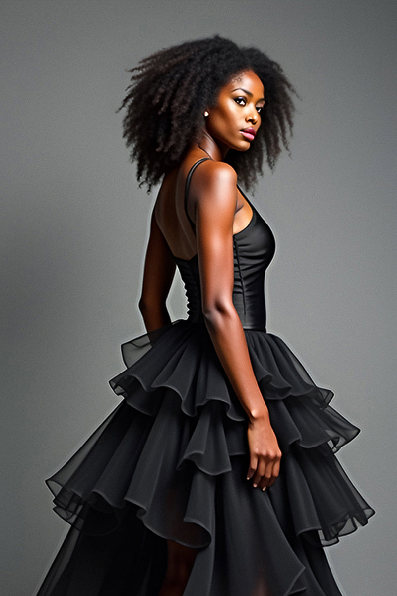 Load image into Gallery viewer, Black Tulle Tiered Asymetrical Long Prom Dress