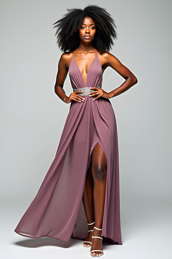 Grey Purple Halter Neck Chiffon Long Prom Dress with Slit