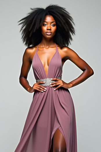 Grey Purple Halter Neck Chiffon Long Prom Dress with Slit