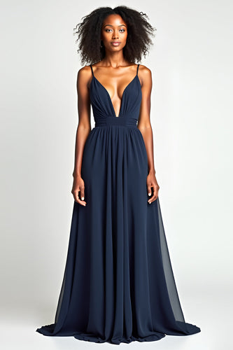 Navy A Line Long Ruched Long Prom Dress