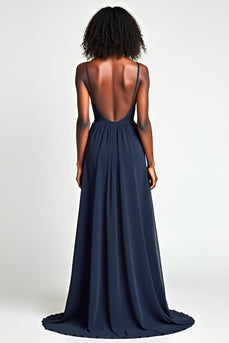 Navy A Line Long Ruched Long Prom Dress