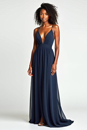 Navy A Line Long Ruched Long Prom Dress