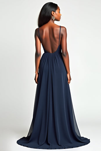 Navy A Line Long Ruched Long Prom Dress