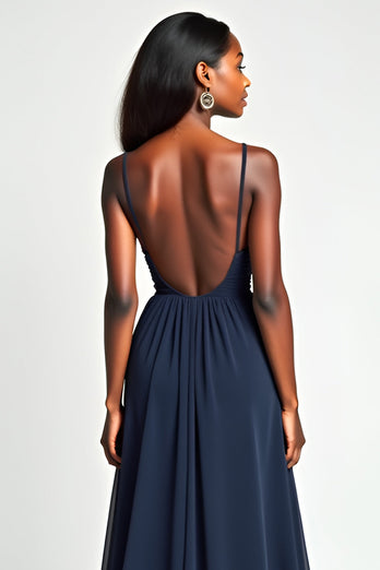 Navy A Line Long Ruched Long Prom Dress