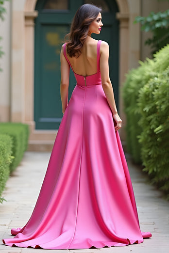 A Line Square Neck Fuchsia Satin Long Prom Dress with Slit