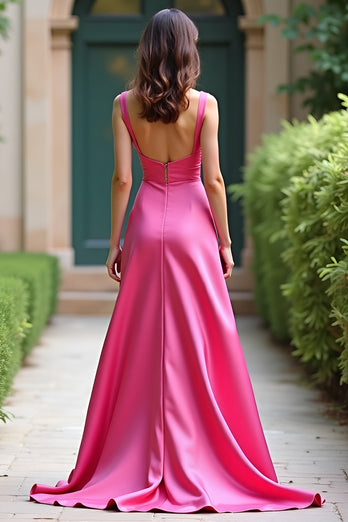 A Line Square Neck Fuchsia Satin Long Prom Dress with Slit