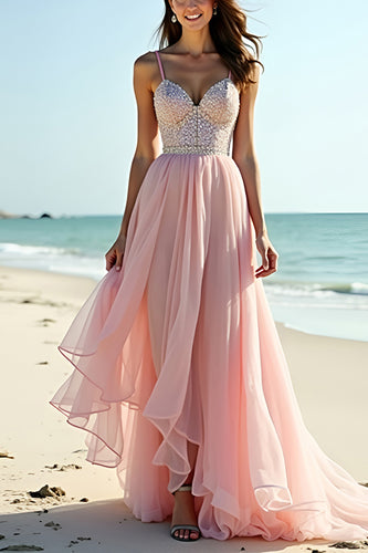 Blush A Line Beaded Long Tulle Wedding Guest Dress