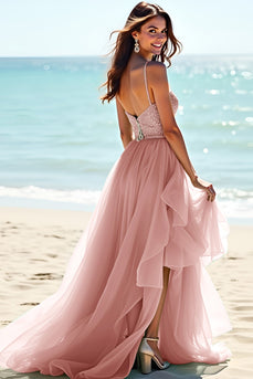 Blush A Line Beaded Long Tulle Wedding Guest Dress